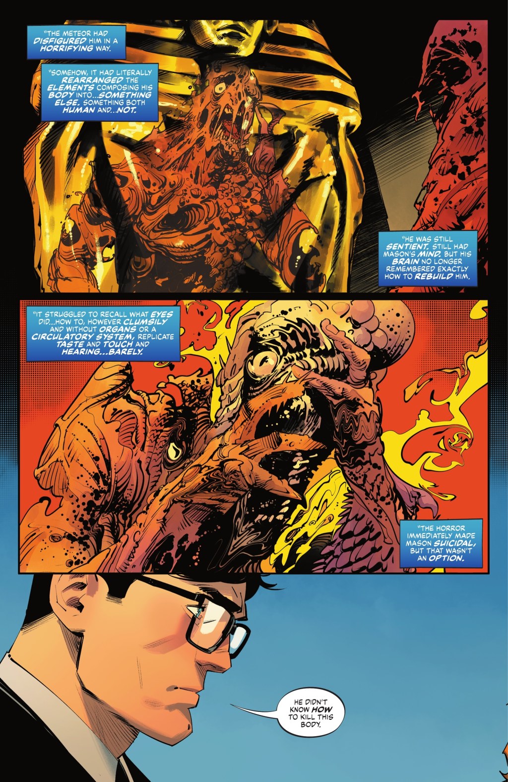 Clark Kent recalls Rex Mason's horrific transformation into Metamorpho in Batman/Superman: World's Finest Vol. 1 #13 "Elementary, Chapter One: The Facts of the Case" (2023), DC