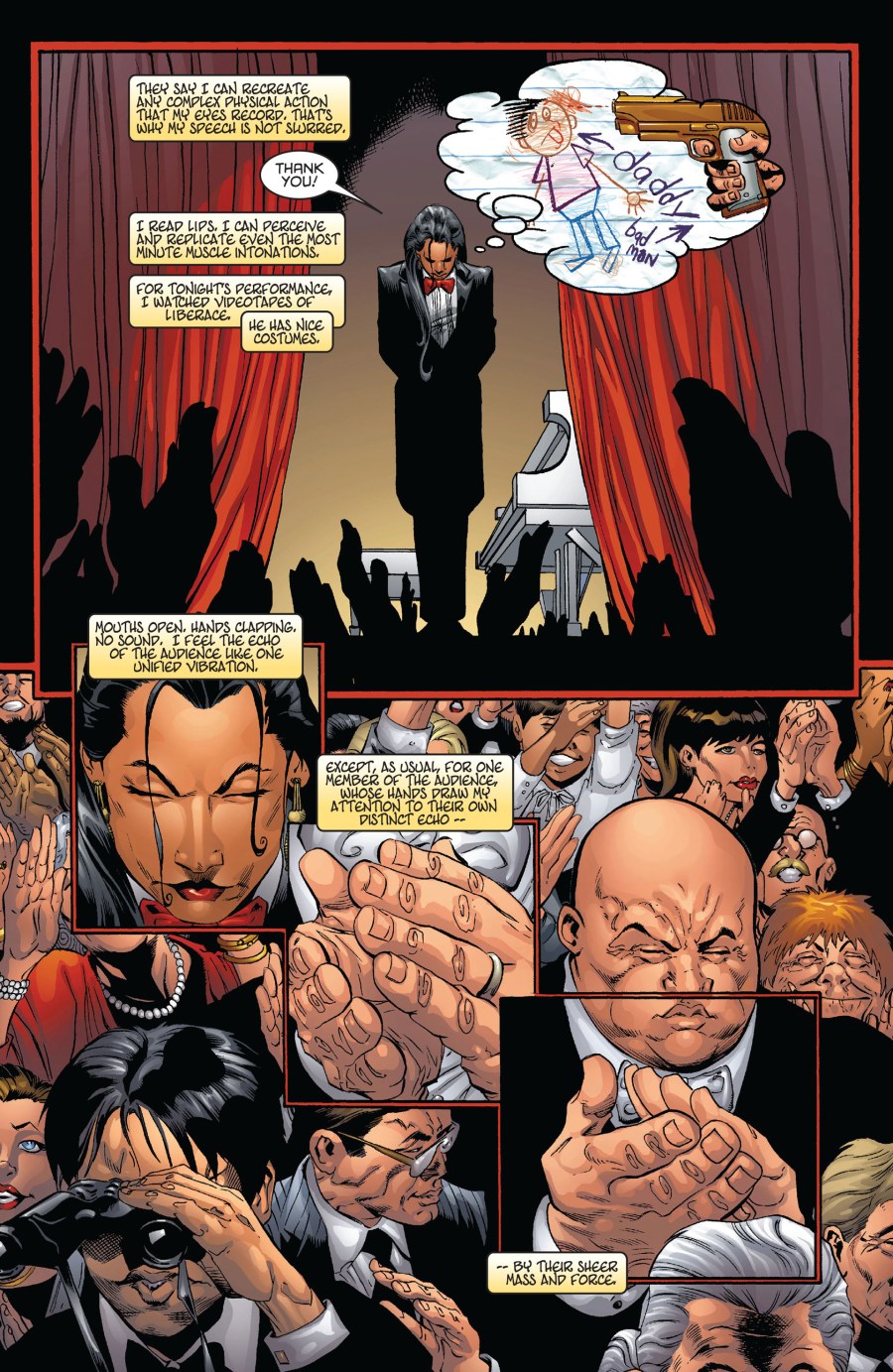 Maya Lopez takes the stage for the first time in Daredevil Vol. 2 #9 "Murdock's Law" (1999), Marvel Comics. Words by DAvid Mack, art by Joe Quesada, Jimmy Palmiotti, Richard Isanove, and Richard Starkings.