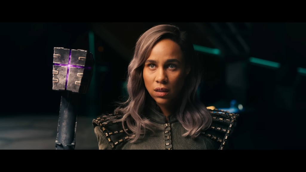 Dar-Benn (Zawe Ashton) declares war on Aldana in The Marvels (2023), Marvel Entertainment