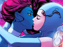 Mystique and Destiny share a deep kiss on Russell Dauterman's variant cover to X-Men: Blue - Origins Vol. 1 #1 (2023), Marvel Comics