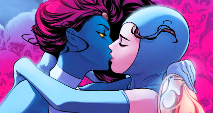 Mystique and Destiny share a deep kiss on Russell Dauterman's variant cover to X-Men: Blue - Origins Vol. 1 #1 (2023), Marvel Comics