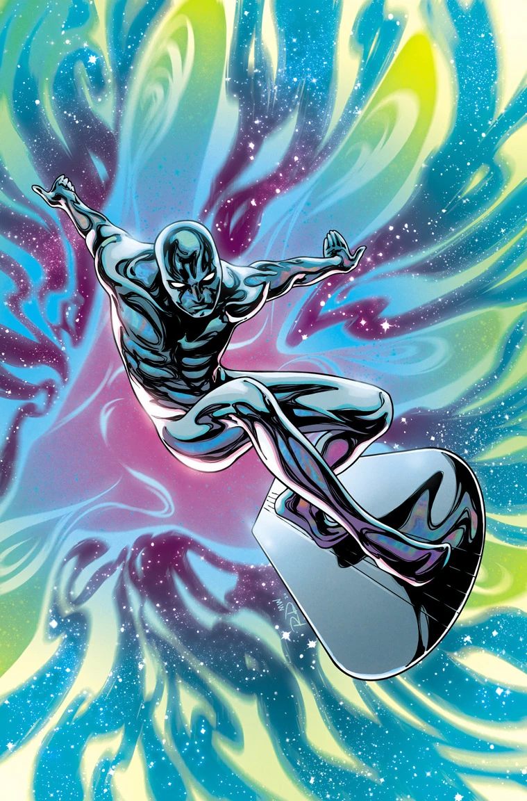 The Silver Surfer rides the cosmic waves on Russell Dauterman's variant cover to Fantastic Four: Antithesis Vol. 1 #4 (2020), Marvel Comics