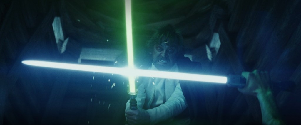 Luke Skywalker (Mark Hamill) attempts to murder Ben Solo (Adam Driver) in Star Wars Episode VIII: The Last Jedi (2019), Lucasfilm Ltd.