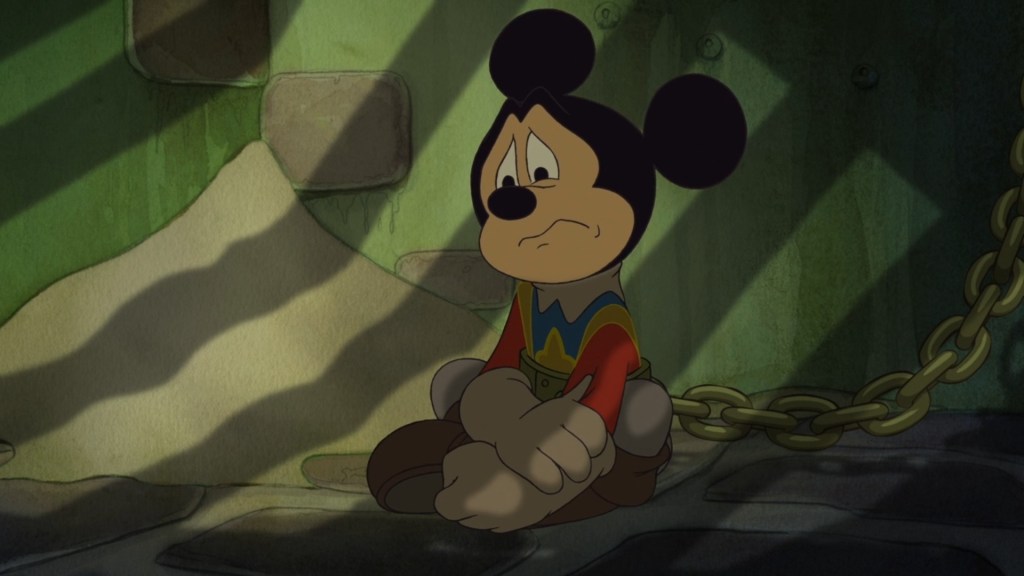 Mickey (Wayne Allwine) is captured by Captain Pete (Jim Cummings) in Mickey, Donald, Goofy: The Three Musketeers (2004), The Walt Disney Company