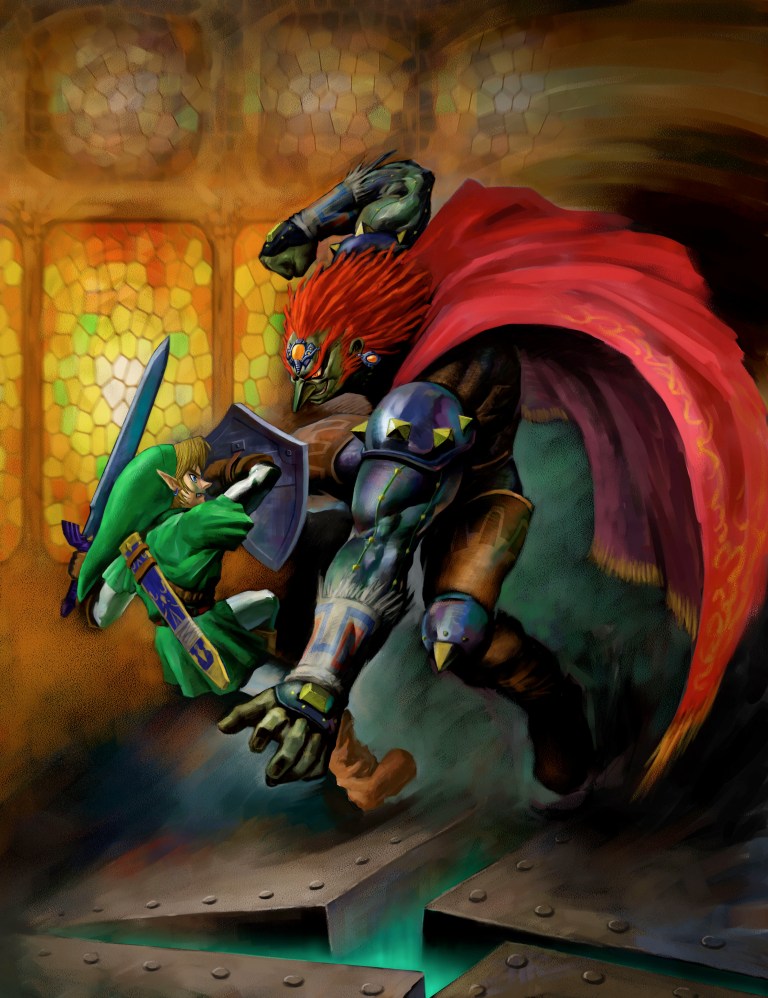 Link takes on Ganondorf in Yusuke Nakano's illustration for The Legend of Zelda: Ocarina of Time (1998), Nintendo