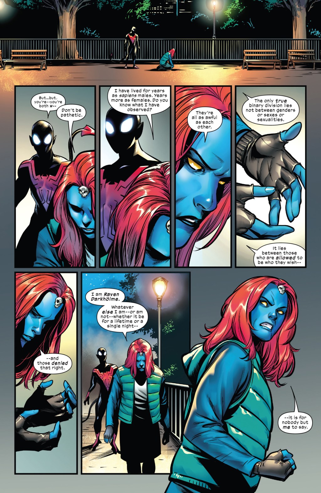 Nightcrawler has questions regarding his parentage in X-Men: Blue - Origins Vol. 1 #1 (2023), Marvel Comics. Words by Si Spurrier, art by Wilton Santos, Oren Junior, Marcus To, Ceci De La Cruz, and Joe Caramagna.