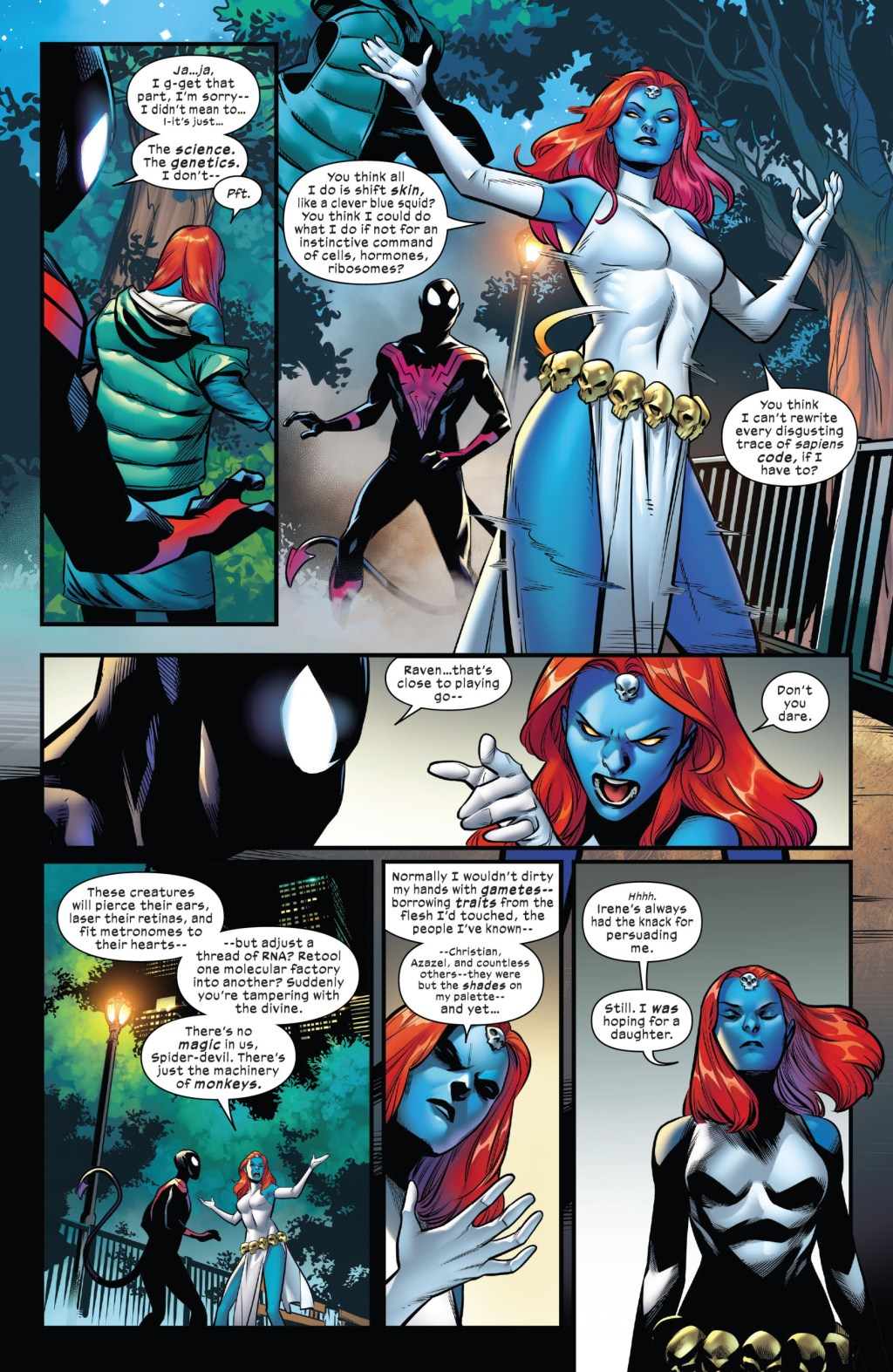 Mystique explains the depths of her mutant powers to Nightcrawler in X-Men: Blue - Origins Vol. 1 #1 (2023), Marvel Comics. Words by Si Spurrier, art by Wilton Santos, Oren Junior, Marcus To, Ceci De La Cruz, and Joe Caramagna.