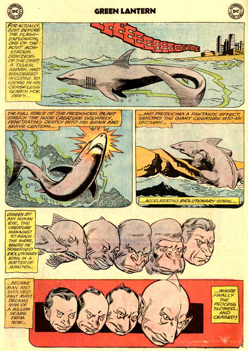 A radioactive accident gives birth to Karshon in Green Lantern Vol. 2 "The Shark That Hunted Human Prey!" (1963), DC. Words by John Broome, art by Gil Kane and Joe Giella.