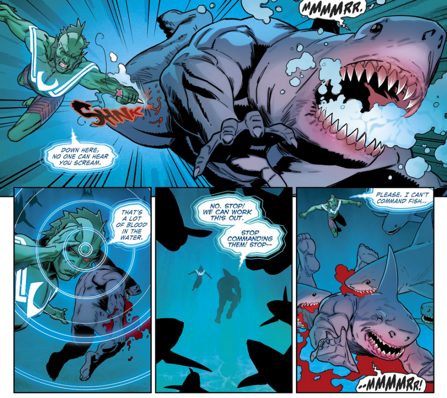 Fin betrays Karshon in Suicide Squad Vol. 6 #3 (2020), DC Comics. Words by Tom Taylor, art by Bruno Redondo, Adriano Lucas, and Wes Abbott