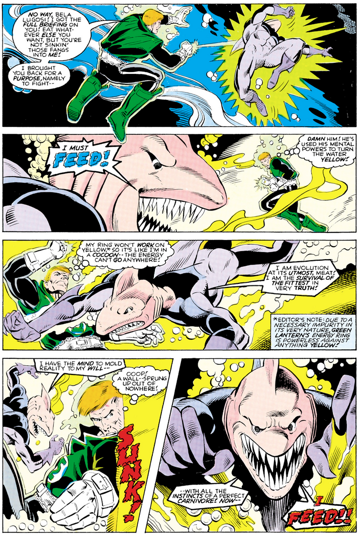 Guy Gardner finds Karshon to be more of a threat than he expected in Green Lantern Vol. 2 #196 "3" (1986), DC. Words by Steve Englehart, art by Joe Staton, Bruce D. Patterson, Anthony Tollin, and Louis Buhalis.