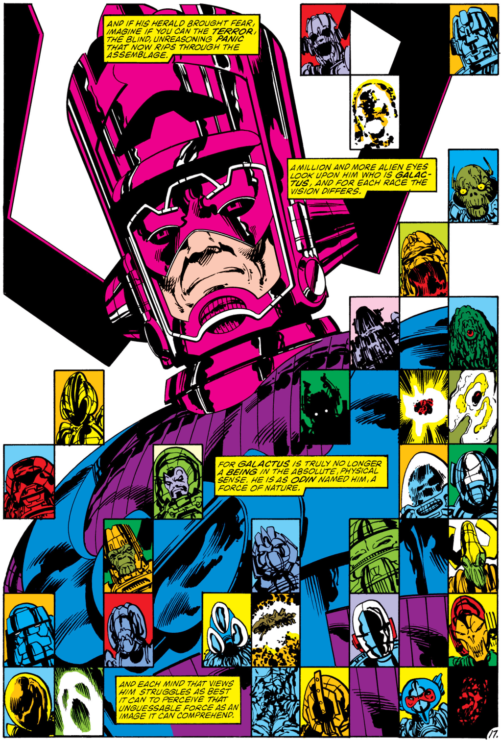Galactus appears before the Shi'ar Magistrate in defense of Reed Richards in Fantastic Four Vol. 1 #262 "The Trial of Reed Richards" (1983), Marvel Comics. Words by John Byrne, art by John Byrne, Glynis Wein, and Jim Novak.