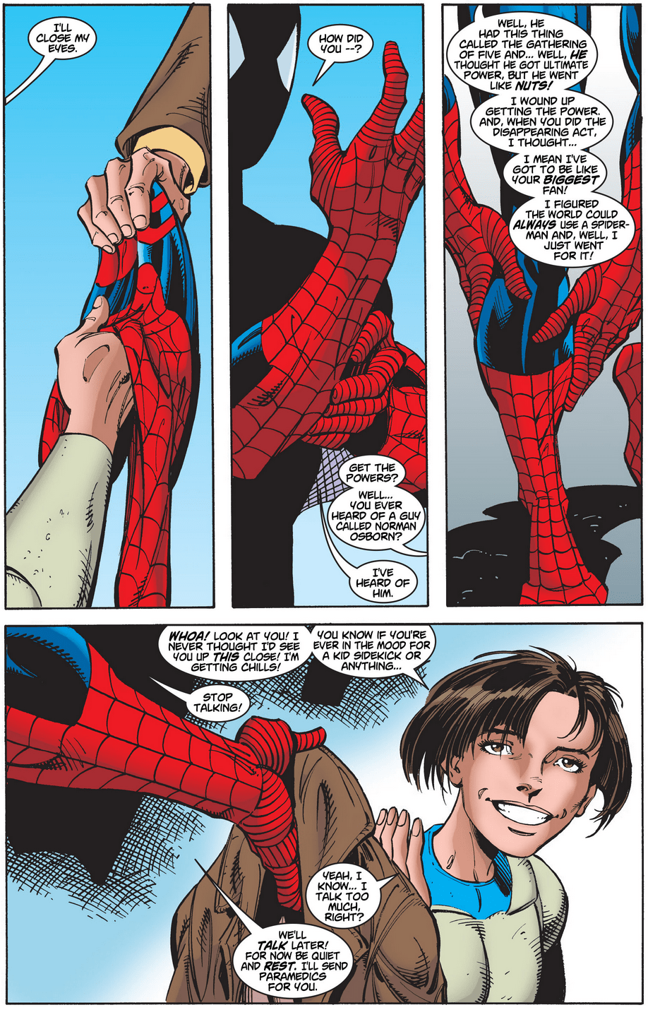 Mattie Franklin hands the Spider-suit back to its rightful owner in Amazing Spider-Man Vol. 2 #2 "I can't...(and I don't want to)...but I must!" (1998), Marvel Comics. Words by Howard Mackie, art by John Byrne, Scott Hanna, Gregory Wright, Richard Starkings, and Liz Agraphiotis.