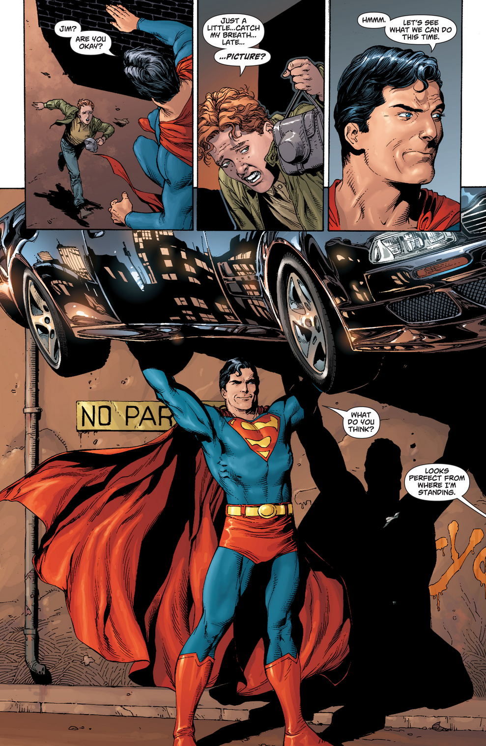 Superman strikes a pose for Jimmy Olsen in Superman: Secret Origin Vol. 1 #5 (2010), DC. Words by Geoff Johns, art by Gary Frank, Jon Sibal, Brand Anderson, and Steve Wands.