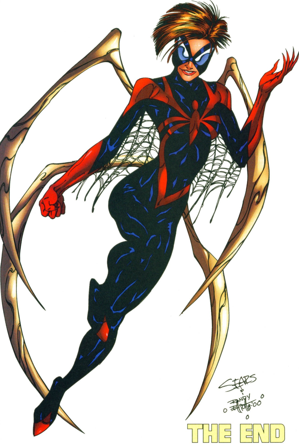 Mattie Franklin appears for a pin-up in honor of her solo series' final issue in Spider-Woman Vol. 3 #18 "Dry Bones" (2000), Marvel Comics. Words by John Byrne, art by Bart Sears, Randy Elliot, and Steve Oliff.