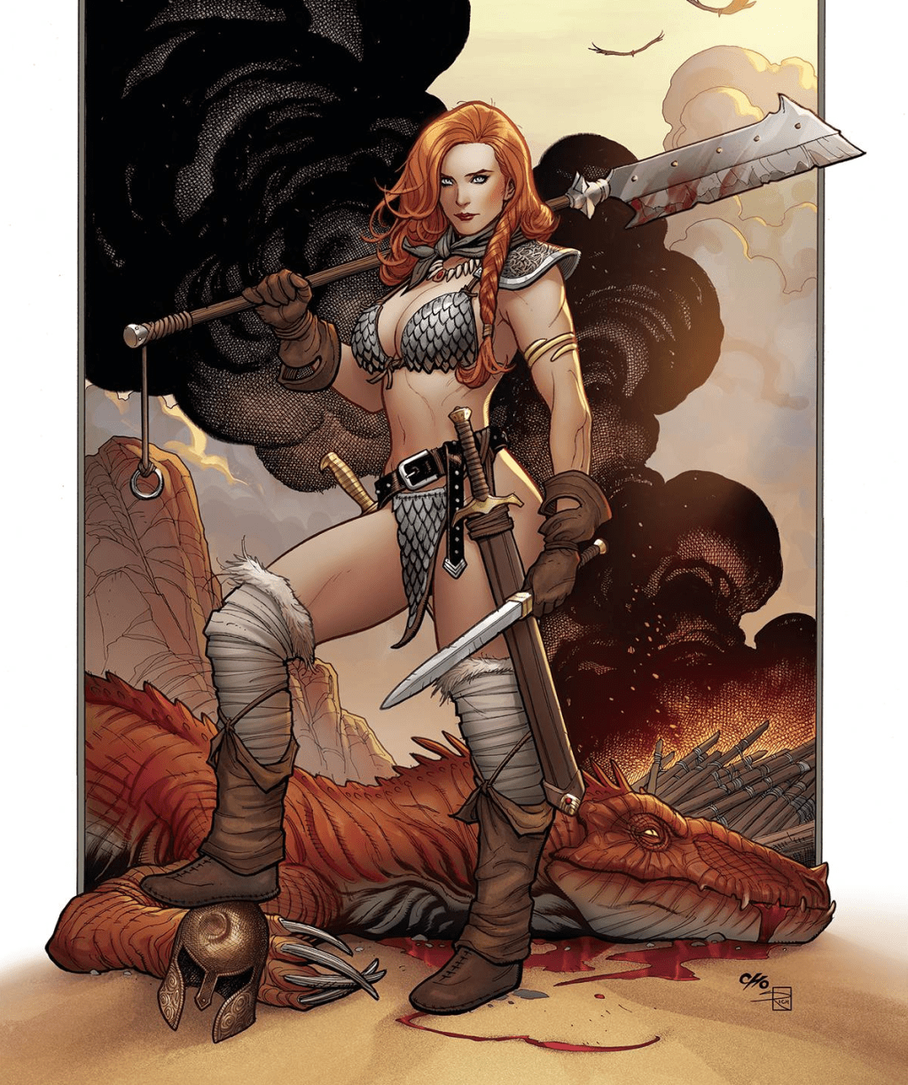 Red Sonja fells a dragon on Frank Cho's variant cover to Red Sonja Vol. 7 #3 "His Master's Voice, Part Three" (2023), Dynamite Comics