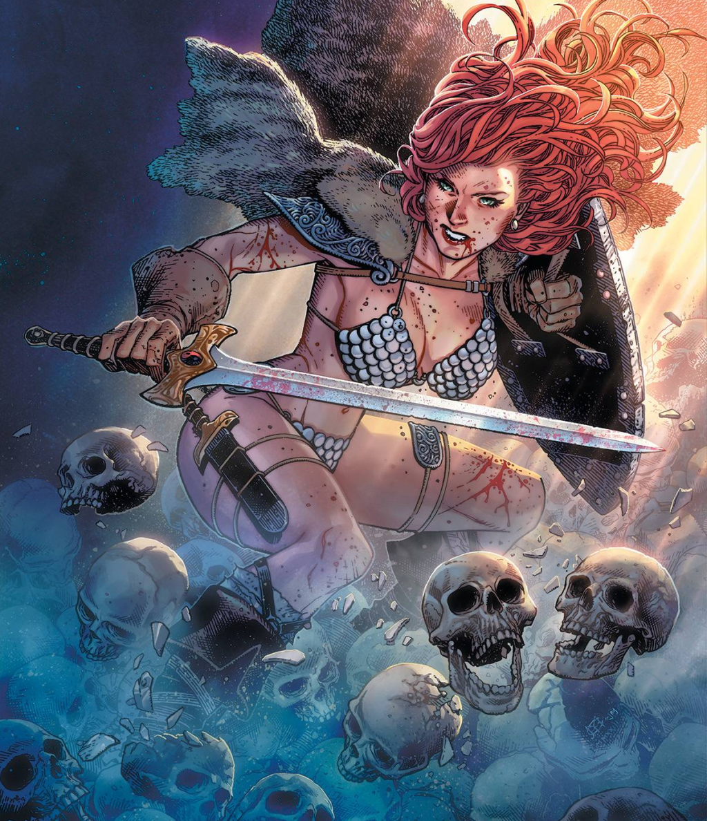 Red Sonja draws her blade on Jim Cheung's variant cover to Red Sonja Vol. 7 #1 "His Master's Voice, Part One" (2023), Dynamite Comics