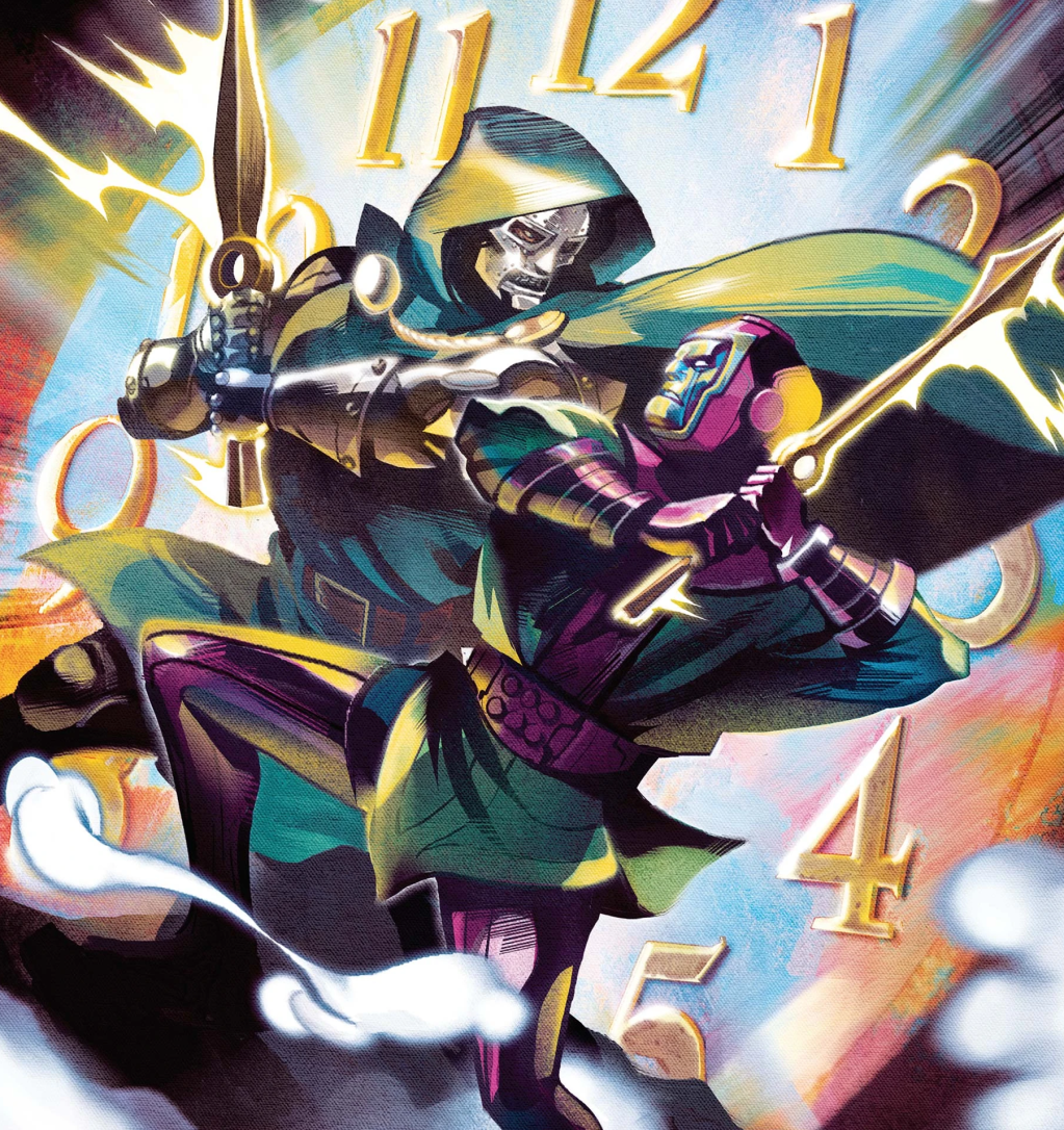 Doctor Doom and Kang the Conqueror fight for the title of 'Master of Time' on Mike Del Mundo's cover to Kang the Conqueror Vol. 1 #3 "Only Myself Left to Conquer - Part 3" (2021), Marvel Comics