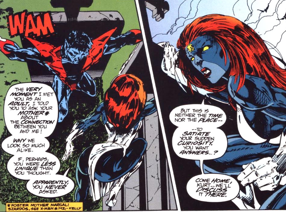 Mystique comes clean to Nightcrawler in X-Men Unlimited Vol. 1 #4 "Theories of Relativity" (1994), Marvel Comics. Words by Scott Lobdell, art by Richard Bennett, Steve Moncuse, Glynis Oliver, and Dave Sharpe.
