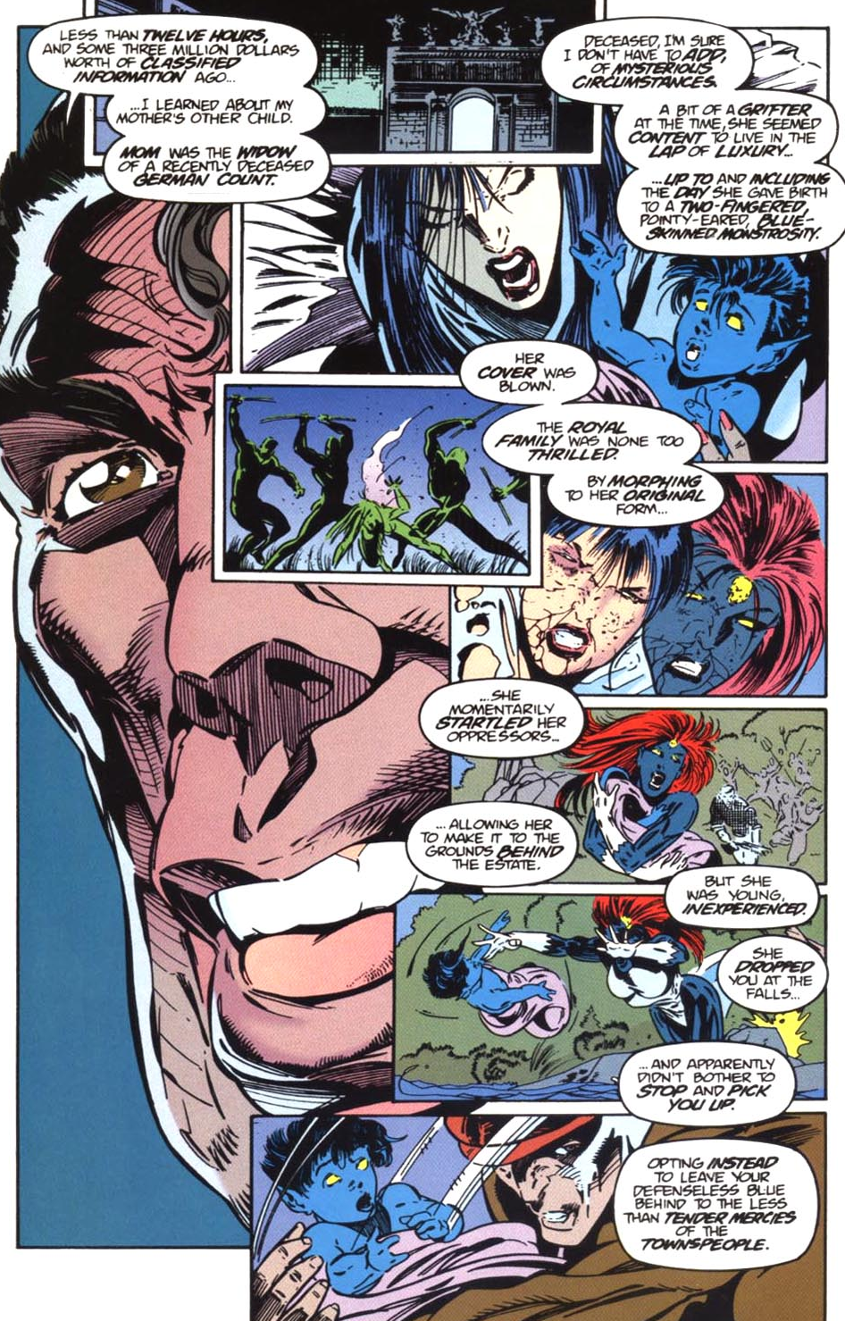 Graydon Creed reveals the truth of his brother Nightcrawler's origin in X-Men Unlimited Vol. 1 #4 "Theories of Relativity" (1994), Marvel Comics. Words by Scott Lobdell, art by Richard Bennett, Steve Moncuse, Glynis Oliver, and Dave Sharpe.