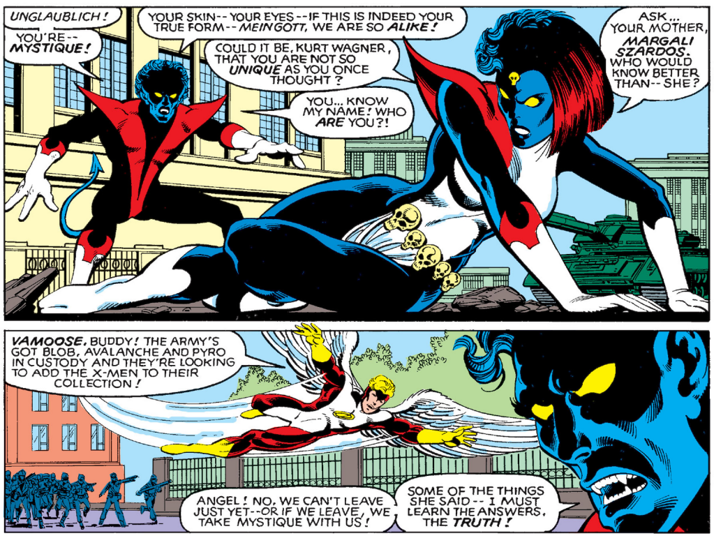 Nightcrawler is shocked by his physical similarity to Mystique in Uncanny X-Men Vol. 1 #142 "Mind Out of Time" (1980), Marvel Comics. Words by Chris Claremont and John Byrne, art by John Byrne, Terry Austin, Glynis Wein, and Tom Orzechowski.