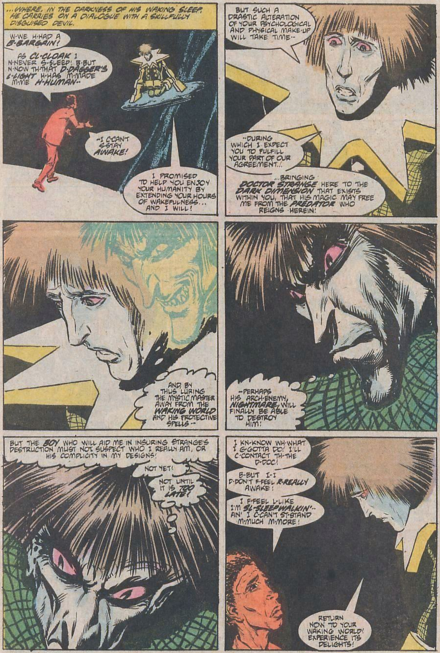 Nightmare plays with Cloak's emotions in Strange Tales Vol. 2 #5 "Vermin" (1987), Marvel Comics. Words by Bill Mantlo, art by Bret Blevins, Glynis Oliver, and Ken Bruzenak.