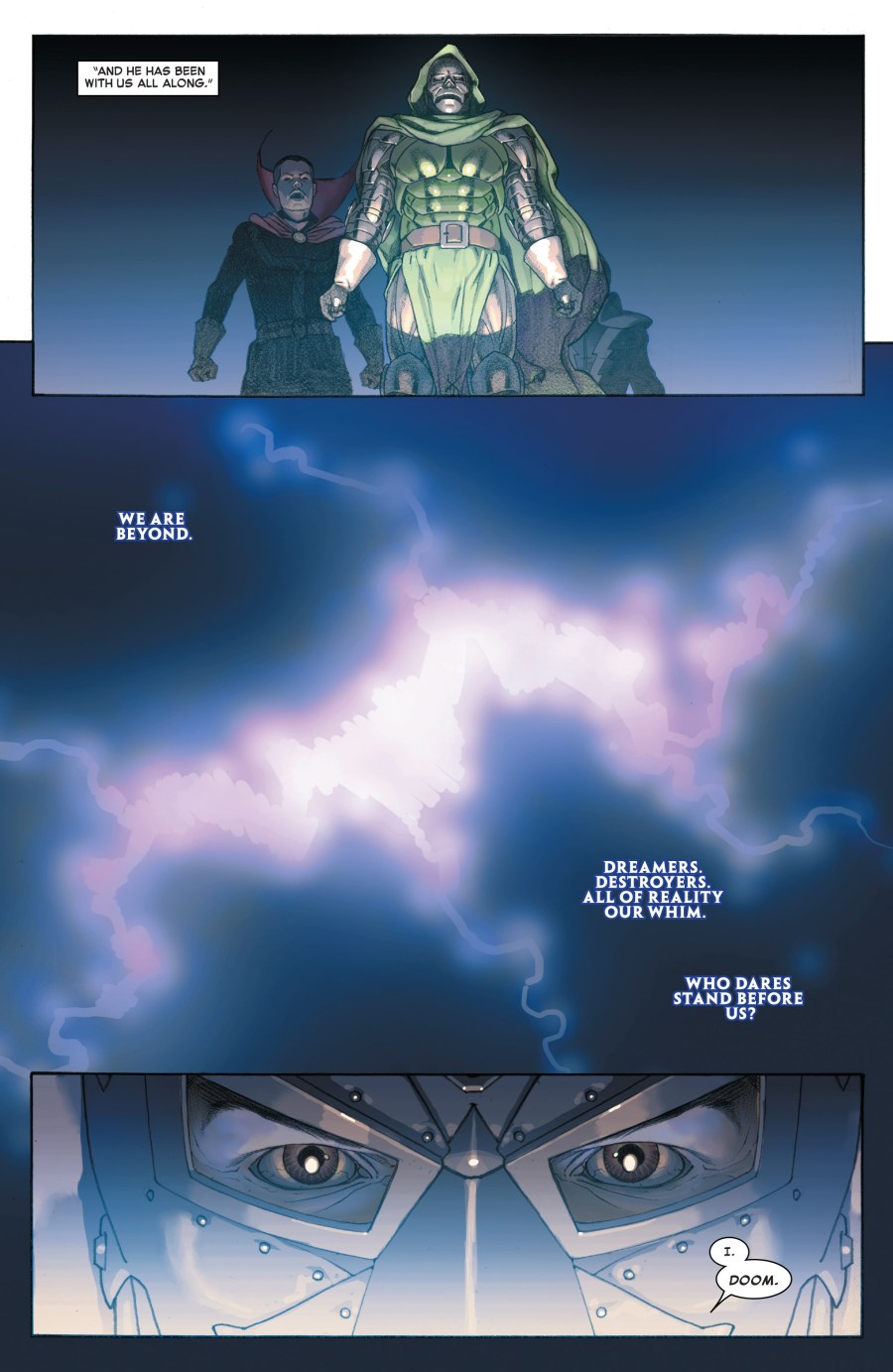 Dr. Doom defies the Beyonders in Secret Wars Vol. 1 #1 "The End Times" (2015), Marvel Comics. Words by Jonathan Hickman, art by Esad Ribić, Ive Svorcina, and Chris Eliopoulos.