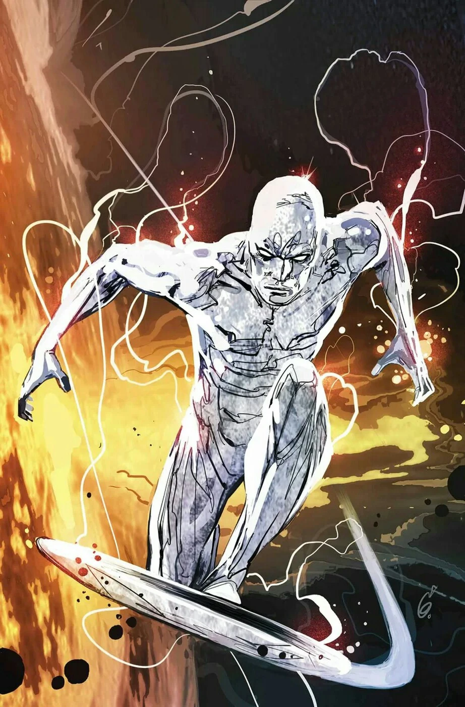 The power cosmic flows through the Silver Surfer on Ron Garney and Richard Isanove's cover to Silver Surfer: The Best Defense Vol. 1 #1 (2018), Marvel Comics