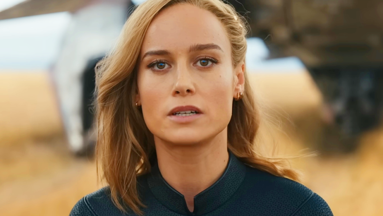 Carol Danvers (Brie Larson) realizes just what Dar-Benn (Zawe Ashton) is planning in The Marvels (2023), Marvel Entertainment