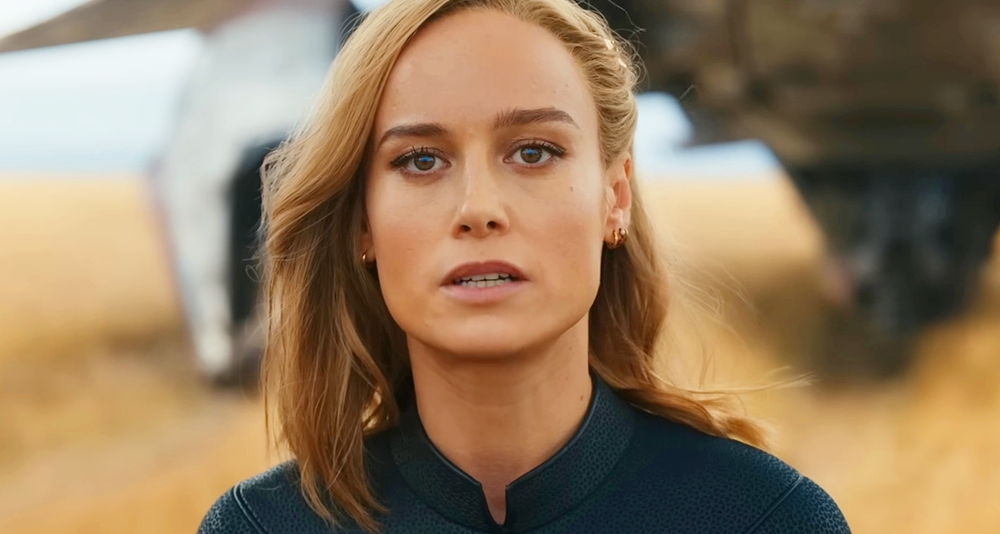 Carol Danvers (Brie Larson) realizes just what Dar-Benn (Zawe Ashton) is planning in The Marvels (2023), Marvel Entertainment