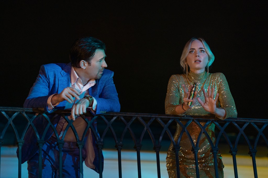 Pain Hustlers - (L to R) Chris Evans as Brenner and Emily Blunt as Liza in Pain Hustlers. Cr. Brian Douglas/Netflix © 2023.