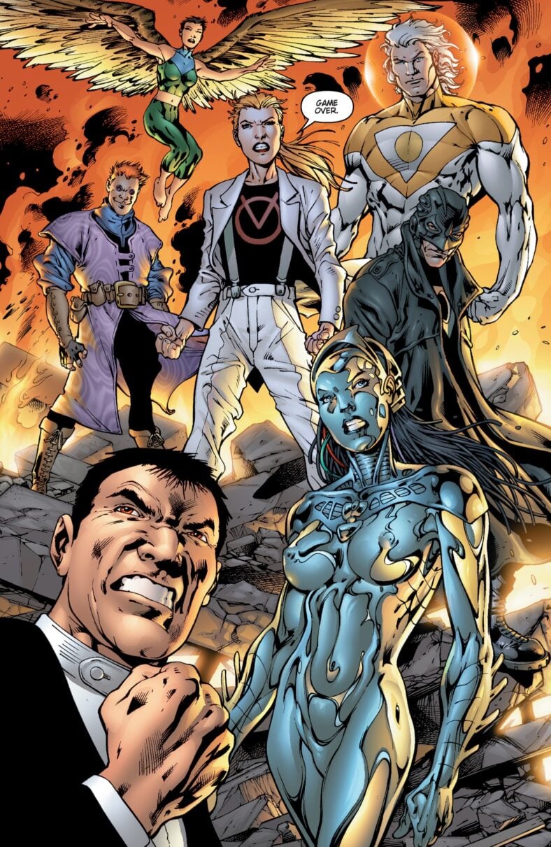 The titular team assembles for the first time in The Authority Vol. 1 Issue #1 "The Circle/ Part One" (1999), DC Comics. Words by Warren Ellis. Art by Bryan Hitch, Paul Neary, and Laura Martin.