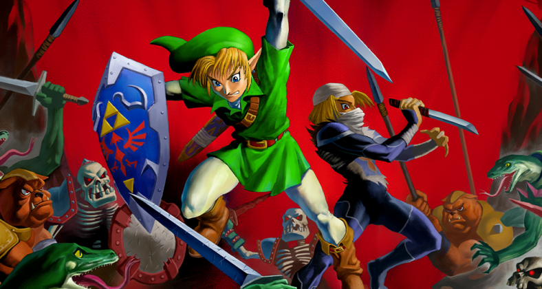 Link and Shiek battle Ganondorf's forces in Yusuke Nakano's illustration for The Legend of Zelda: Ocarina of Time (1998), Nintendo