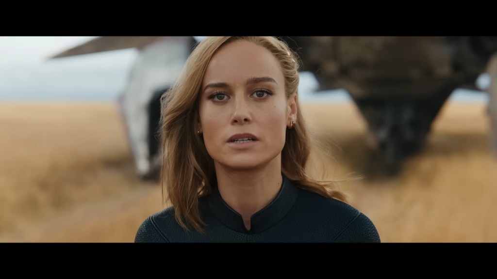 Carol Danvers (Brie Larson) realizes just what Dar-Benn (Zawe Ashton) is planning in The Marvels (2023), Marvel Entertainment