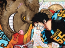 Luffy and a Bison bear down on the line of scrimmage on Eiichiro Oda's color spread to One Piece Ch. 858 "Meeting" (2017), Shueisha