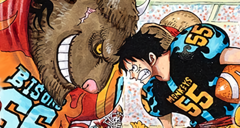 Luffy and a Bison bear down on the line of scrimmage on Eiichiro Oda's color spread to One Piece Ch. 858 "Meeting" (2017), Shueisha