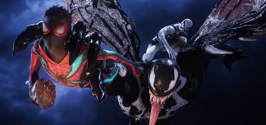 Peter (Yuri Lowenthal) and Miles (Nadji Jeter) attempt to keep the Klyntar Key out of Venom's (Tony Todd) hands in Marvel's Spider-Man 2 (2023), Insomniac Games