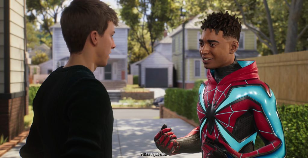 Miles (Nadji Jeter) reassures Peter (Yuri Lowenthal) that his trust is well-placed in Marvel's Spider-Man 2 (2023), Insomniac Games