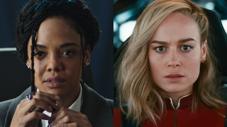 King Valkyrie (Tessa Thompson) oversees the affairs of New Asgard in Thor: Love and Thunder (2022), Marvel Entertainment / Carol Danvers (Brie Larson) receives a transmission from Nick Fury (Samuel L. Jackson) in The Marvels (2023), Marvel Entertainment