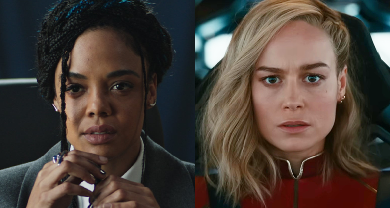King Valkyrie (Tessa Thompson) oversees the affairs of New Asgard in Thor: Love and Thunder (2022), Marvel Entertainment / Carol Danvers (Brie Larson) receives a transmission from Nick Fury (Samuel L. Jackson) in The Marvels (2023), Marvel Entertainment