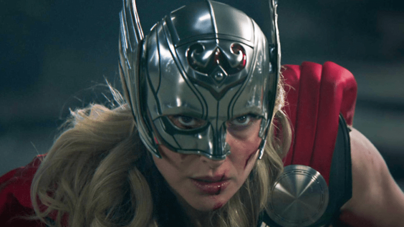 Jane Foster (Natalie Portman) takes one last swing at Gorr (Christian Bale) in Thor: Love and Thunder (2022), Marvel Entertainment