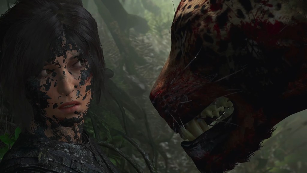 Lara Croft (Camilla Luddington) comes face-to-face with a hungry jaguar in Shadow of the Tomb Raider (2018), Eidos-Montréal