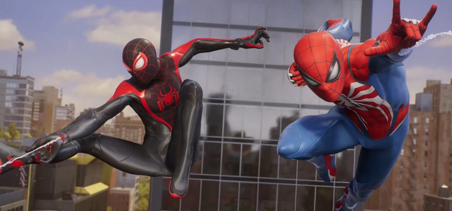 Peter (Yuri Lowenthal) and Miles (Nadji Jeter) swing in to action when the Sandman's (Leandro Cano) transfer to the Raft goes wrong in Marvel's Spider-Man 2 (2023), Insomniac Games