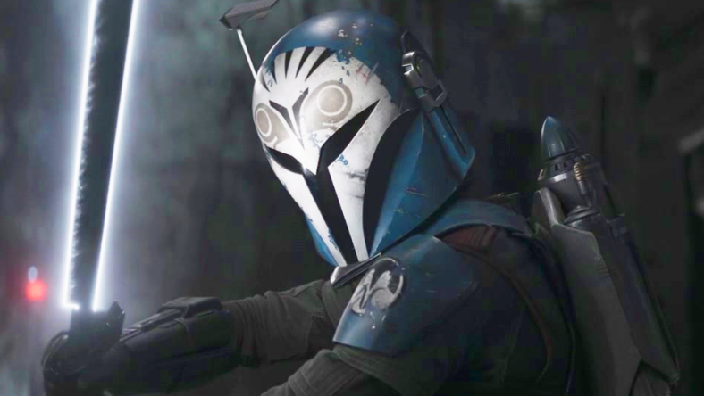 Bo-Katan (Katee Sackhoff) prepares to duel with Moff Gideon (Giancarlo Esposito) in The Mandalorian Season 3 Episode "Chapter 24 - The Return" (2023), Disney Plus