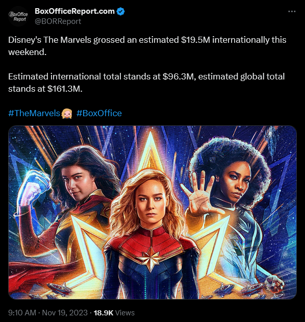 The Marvels' opening weekend box office earning