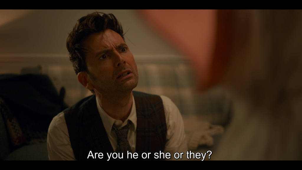 The Doctor (David Tennant) asks the Meep (Miriam Margoyles) for their pronouns in Doctor Who Special 302 "The Star Beast" (BBC)