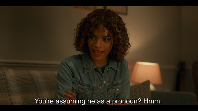 Rose (Yasmin Finney) corrects The Doctor (David Tennant) regarding his use of pronouns in Doctor Who Special 302 "The Star Beast" (2023), BBC