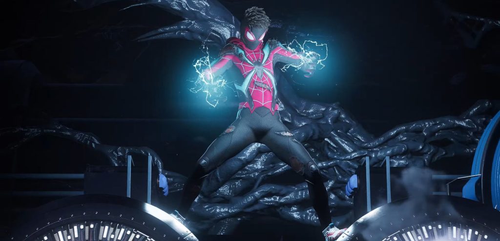 Miles (Nadji Jeter) prepares to use his Venom Blasts to save New York in Marvel's Spider-Man 2 (2023), Insomniac Games