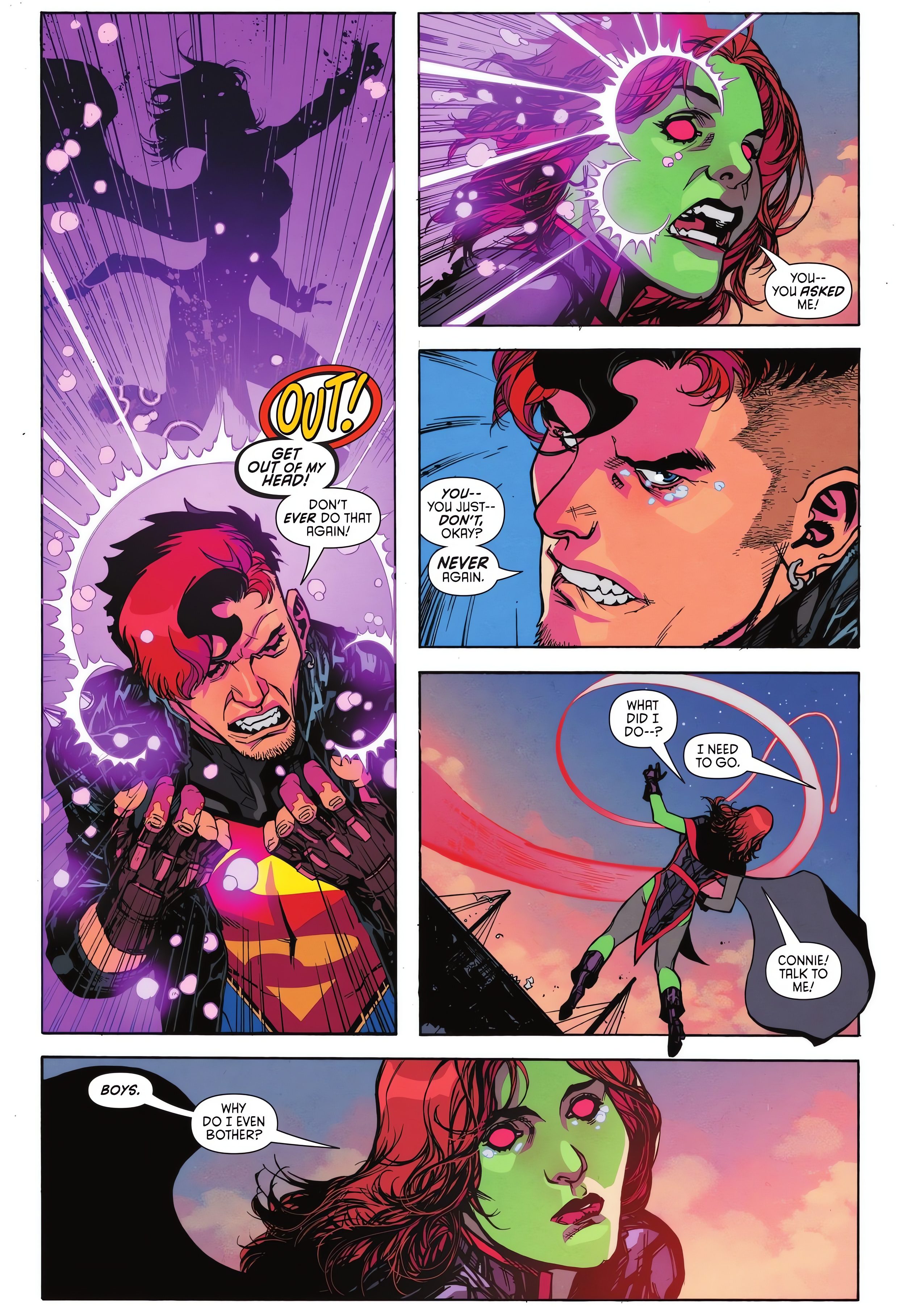 Conner Kent tira Miss Marte da cabeça em Action Comics Vol. 1 #1057 “Super é como Super faz” (2023), DC. Palavras de Magdalene Visaggio, arte de Matthew Clark, Matt Herms e Rob Leigh.