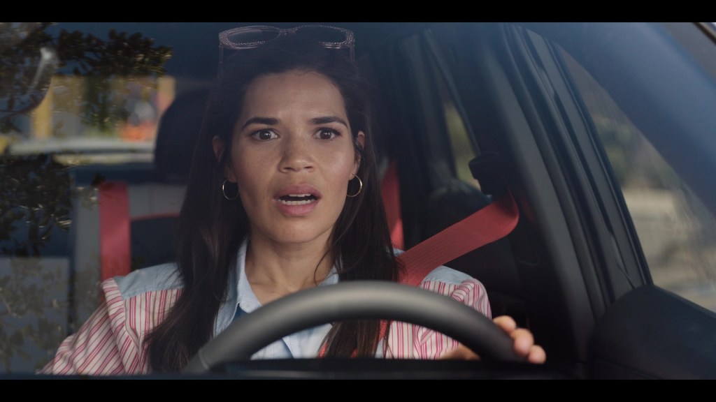 Gloria (America Ferrera) realizes that Mattels current woes were caused by her own fears in Barbie (2023), Warner Bros. Pictures