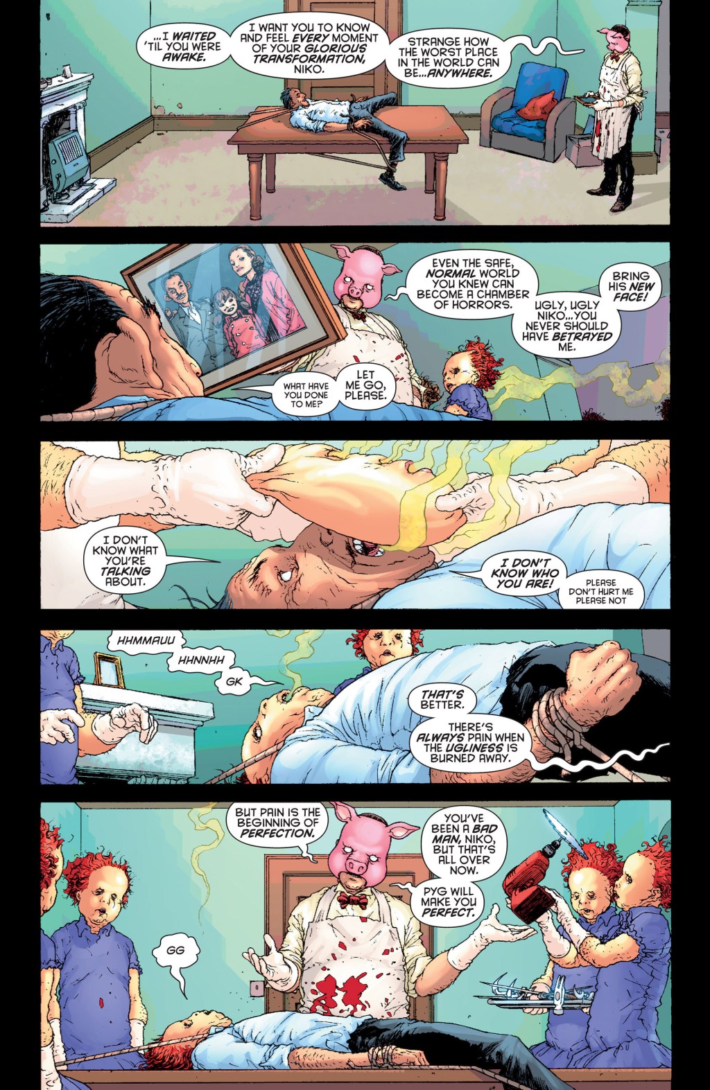 Professor Pyg embodies the mindset of 'cancel pigs' in Batman and Robin Vol. 1 #1 "Batman Reborn, Part One: Domino Effect" (2009), DC. Words by Grant Morrison, art by Frank Quitely, Alex Sinclair, and Pat Brosseau.
